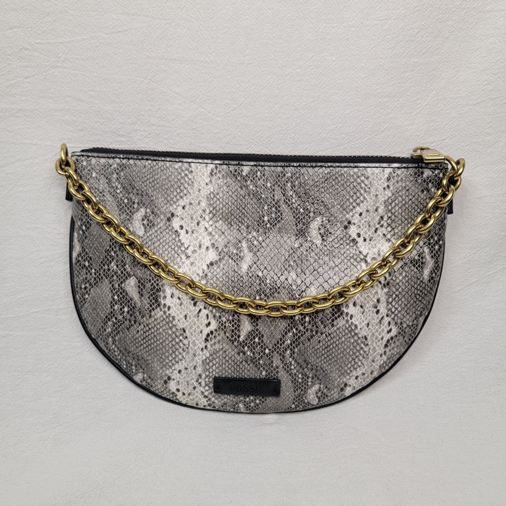 Fossil Gray Snakeskin Print Half Moon Clutch Bag Shoulder Purse Gold Chain MCM - Picture 2 of 9